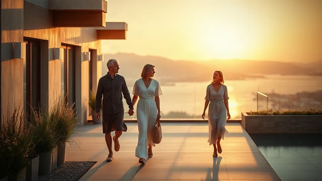 Family on a sunlit terrace at golden hour, calm legacy stewardship