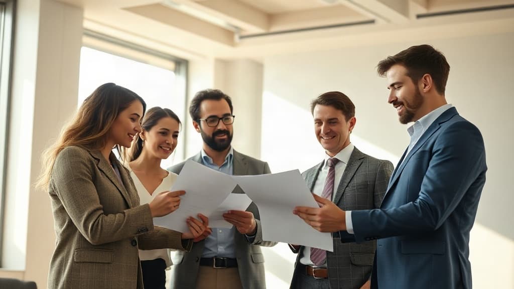 Team reviewing documents in a bright office