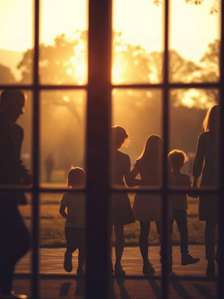 Family silhouettes at sunset, seen through a home window