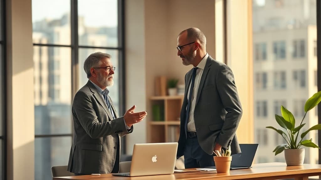 Advisor mentoring a producer in a modern office